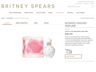 Fantasy Intimate Edition website, Britney Spears